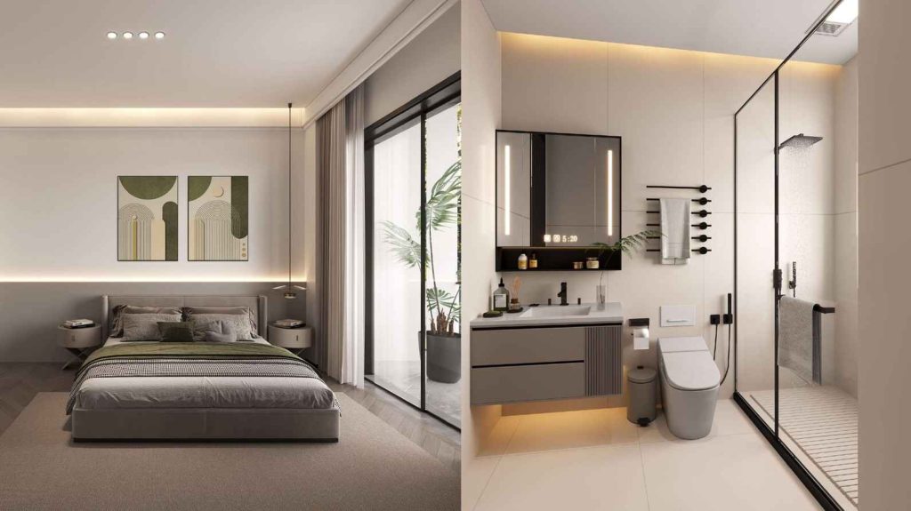 bedroom and bathroom at Forest City Tower Majan Dubai