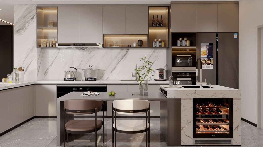 modern kitchen and dining area at Forest City Tower Majan Dubai