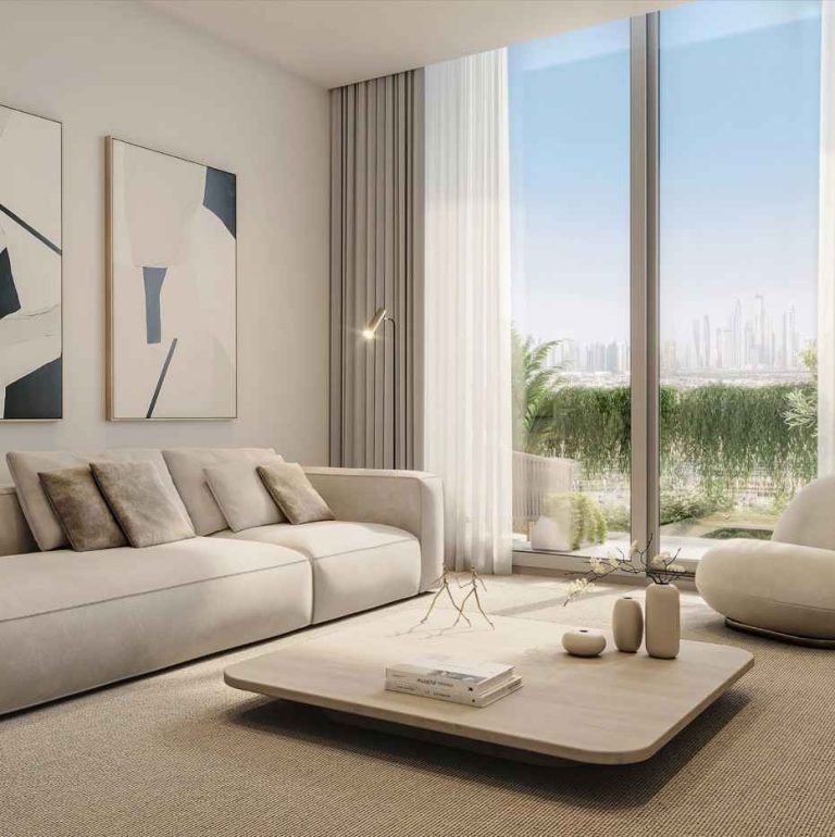 spacious living room at Califoria Residences apartments at California Village Dubailand