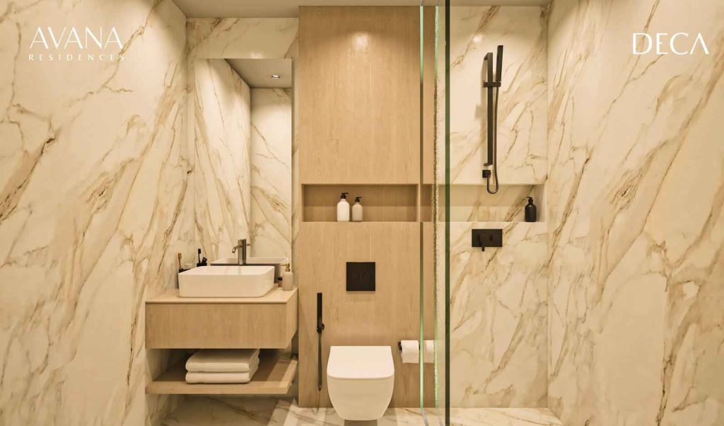 luxurious bathroom at Avana Residences by DECA in JVC Dubai