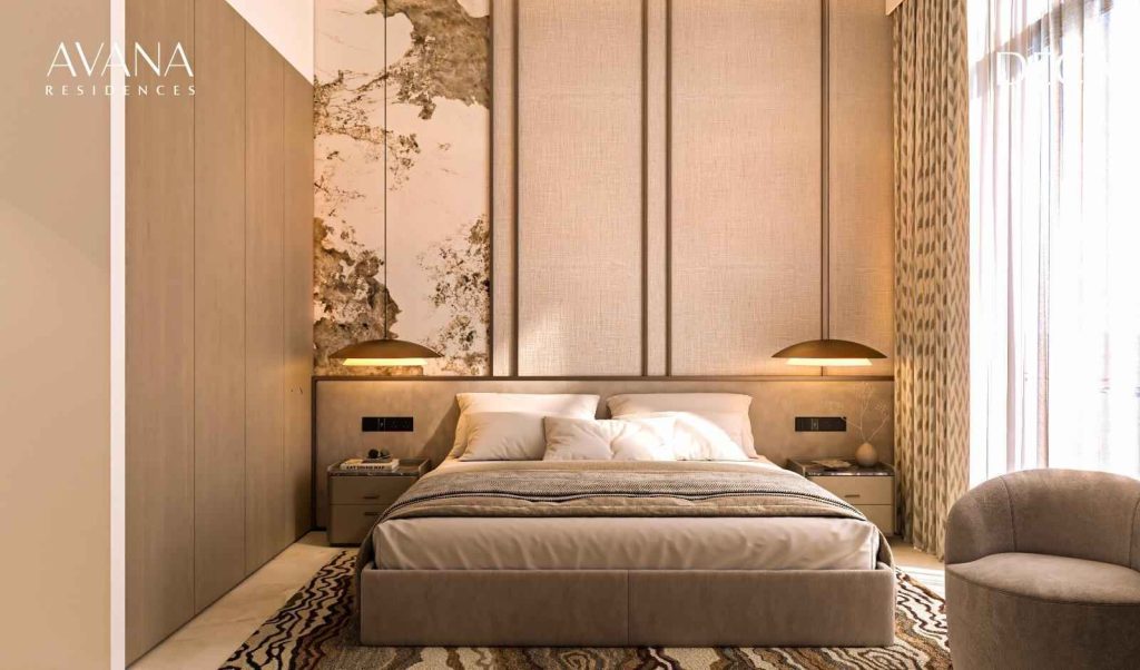 cozy master bedroom at Avana Residences by DECA in JVC Dubai