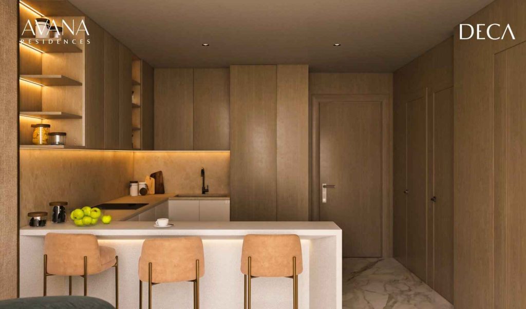 open plan kitchen at Avana Residences by DECA in JVC Dubai