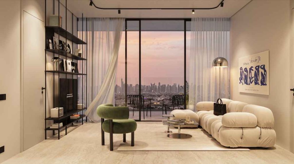 living room at Interstellar Residences in JVT Dubai
