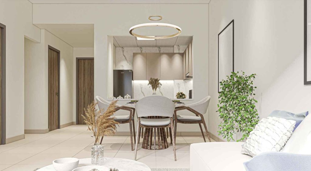 dining in a 1 bedroom apartment at Glorious Central Residences Warsan 4