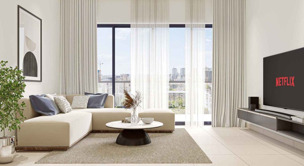 living room in a 1 bedroom apartment at Glorious Central Residences Warsan 4 Dubai