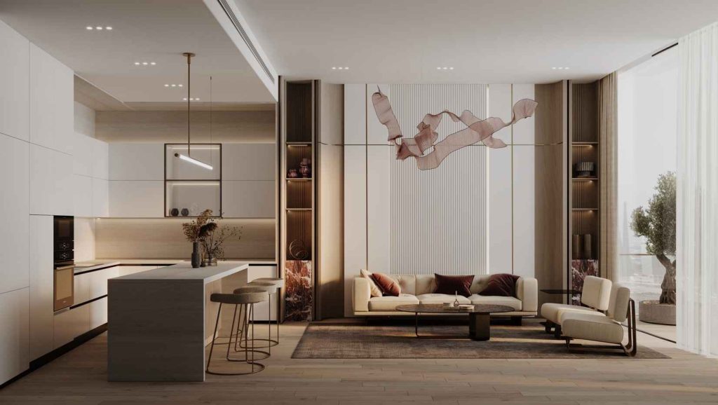 modern kitchen and living room at Binghatti Flare JVT Dubai_7_11zon