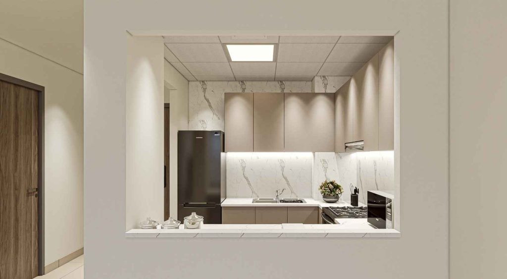 open kitchen in a 1 bedroom apartment at Glorious Central Residences Warsan 4