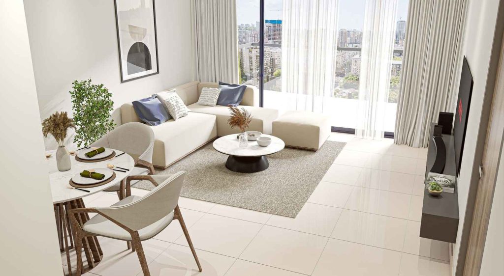 spacious dining and living room in a 1 bedroom apartment at Glorious Central Residences Warsan 4