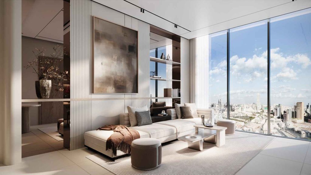 living room in a 1-bedroom apartment at Voxa Residences by Pantheon in JVT Dubai
