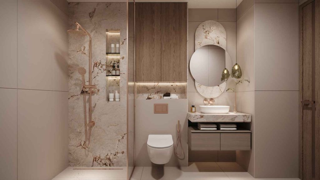 master bathroom in a 1-bedroom apartment at Voxa by Pantheon in JVT Dubai
