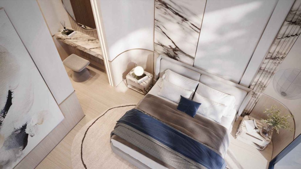 master bedroom in a penthouse at Voxa by Pantheon in JVT Dubai