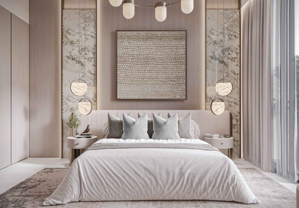 stylish bedroom at Trevino by Avelon JVC Dubai