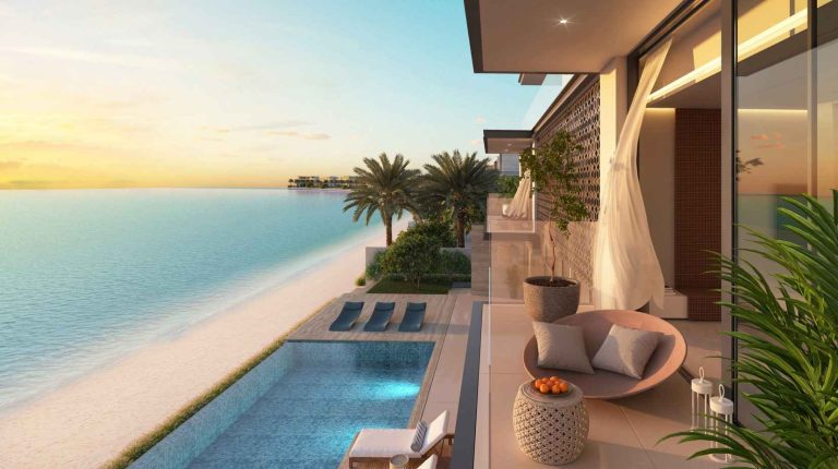 sunset and beach view from the Palm Jebel Ali Frond F Mirage Villa