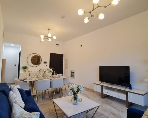 New 2 Bed Apartment for Sale with a Balcony & Close Kitchen in Dubai 577 Living area in a 2 Bedroom Apartment For Sale with a Balcony & Close kitchen in Barari Hills Residence Majan Dubai
